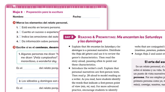 Textbook pages showing reading and pre-writing assignments of day 3.