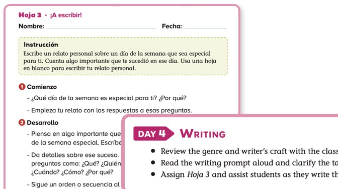Textbook pages showing writing assignments of day 4.