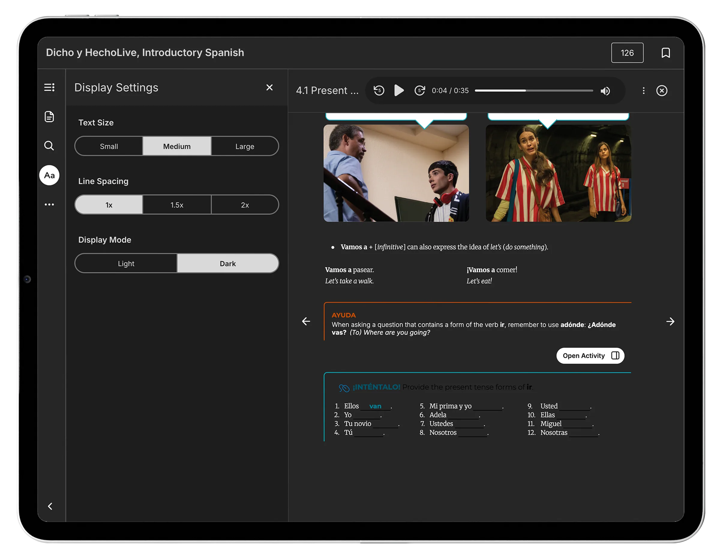 Display settings for text size, line spacing, and light or dark mode