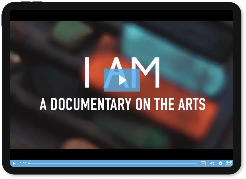 Ipad frame with a video thumbnail for I AM, art documentary.