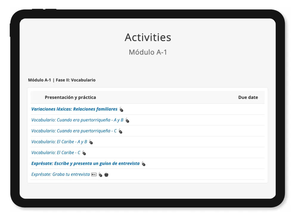 Assignable practice activities displayed on a table.
