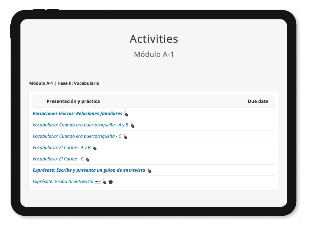 Assignable practice activities displayed on a table.