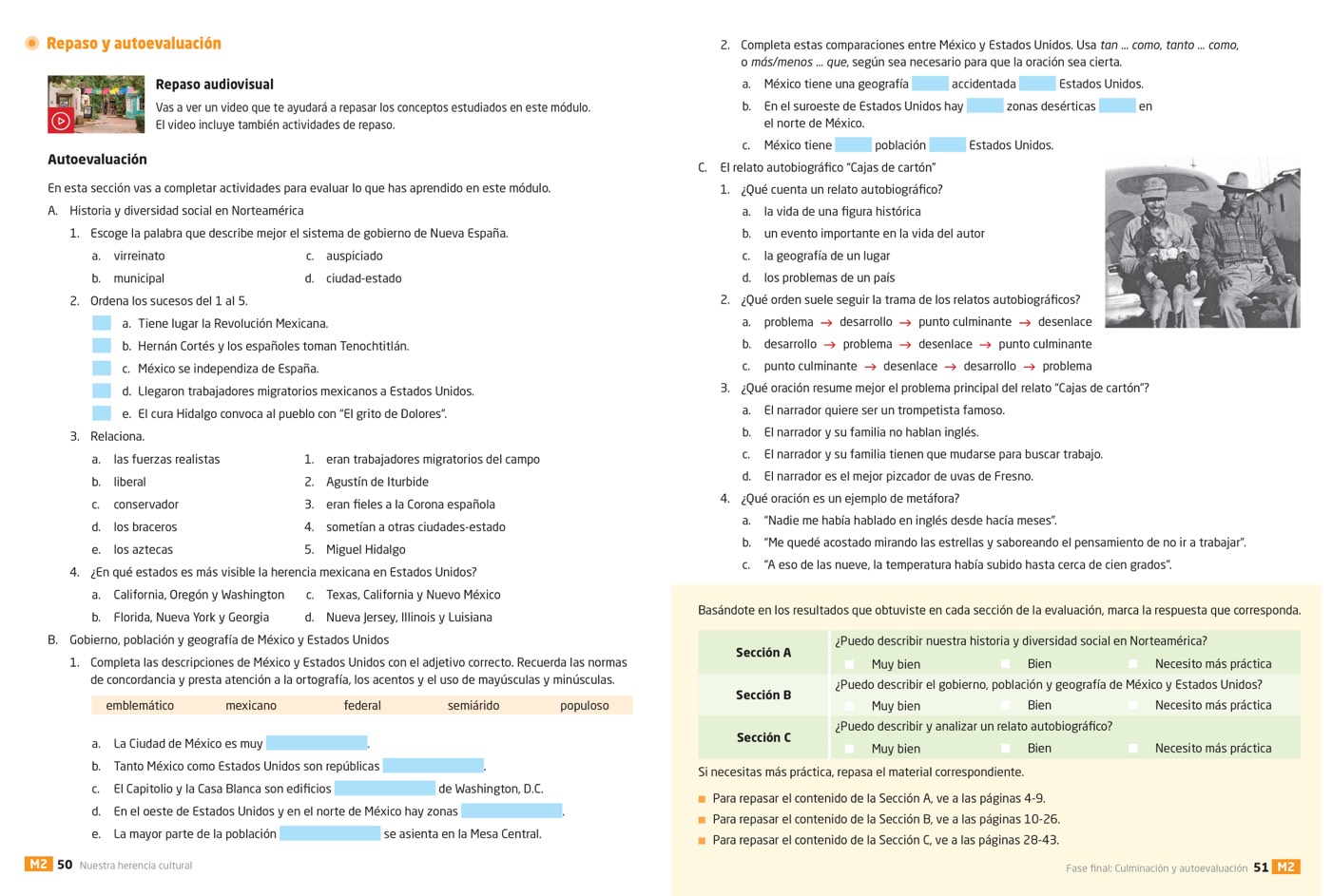 Textbook pages showing multiple choice questions and review recommendations.