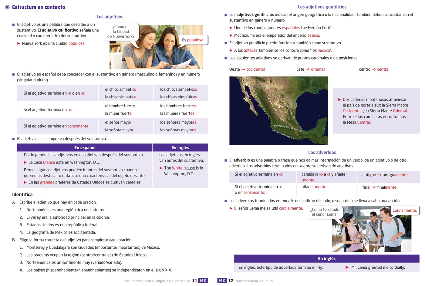 Textbook pages showing grammar concepts, connections to the English language, and practice activities.