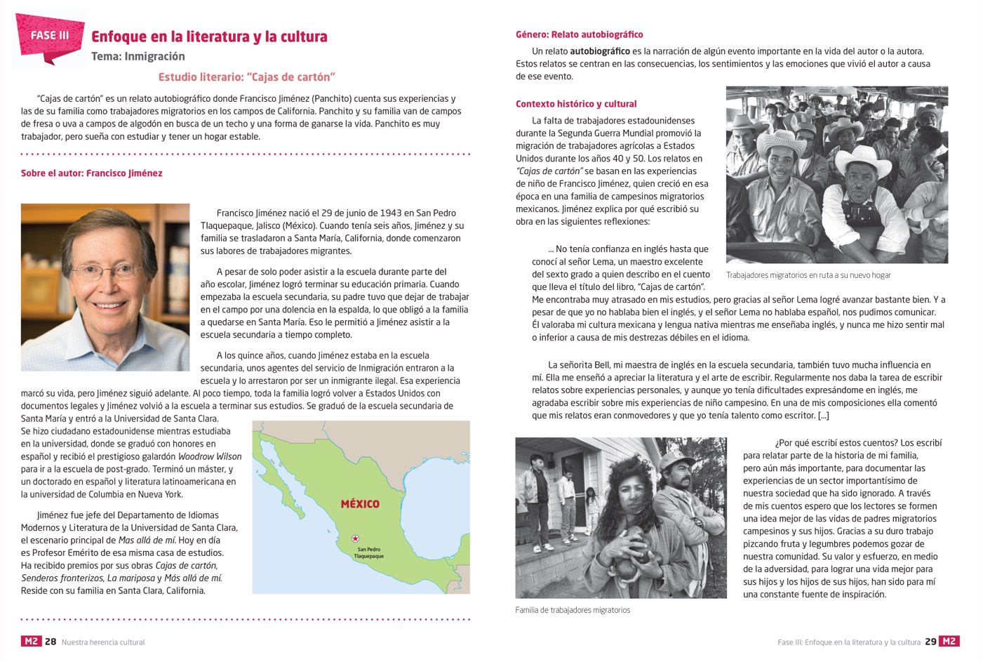 Textbook pages showing an author's biography, genre introduction, and culture information.
