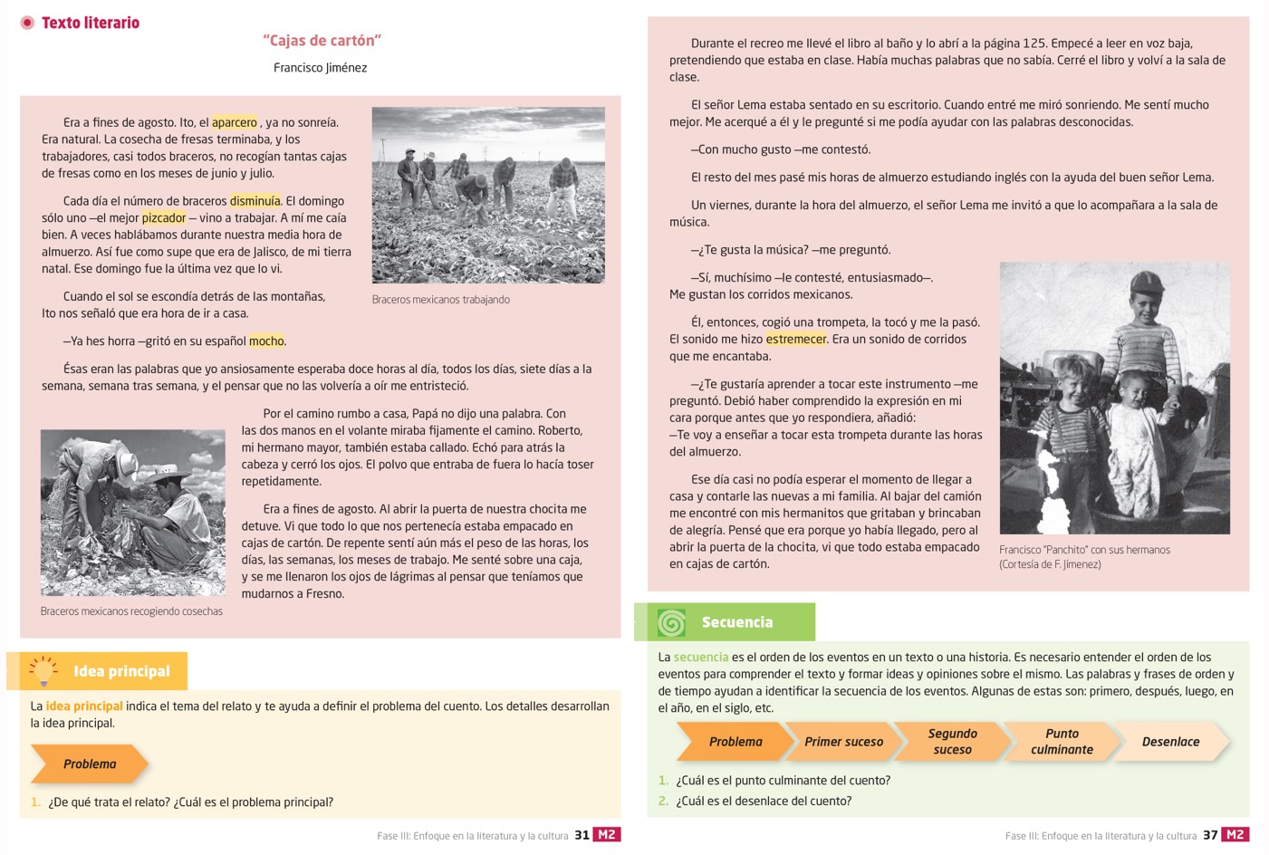 Textbook pages showing a story with highlighted vocabulary and reading strategies.