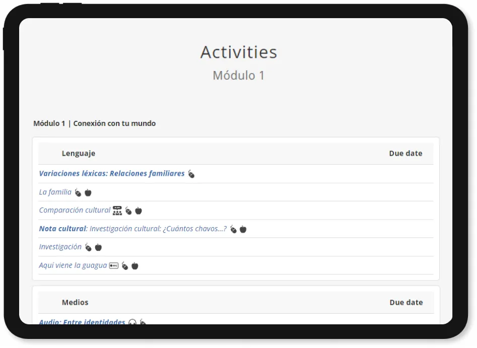 Assignable practice activities displayed on a table.