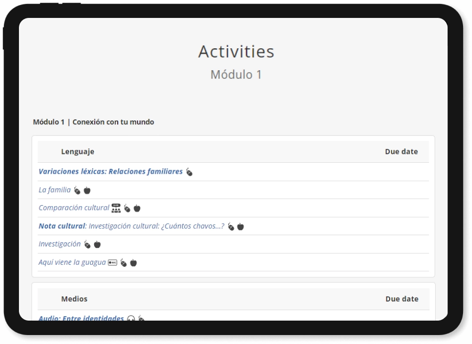 Assignable practice activities displayed on a table.