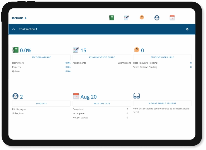 Tablet frame showcasing online course management dashboard.