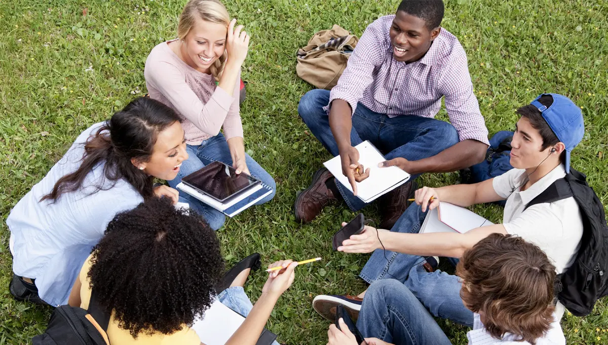 A group of students studying together on a grassy field.