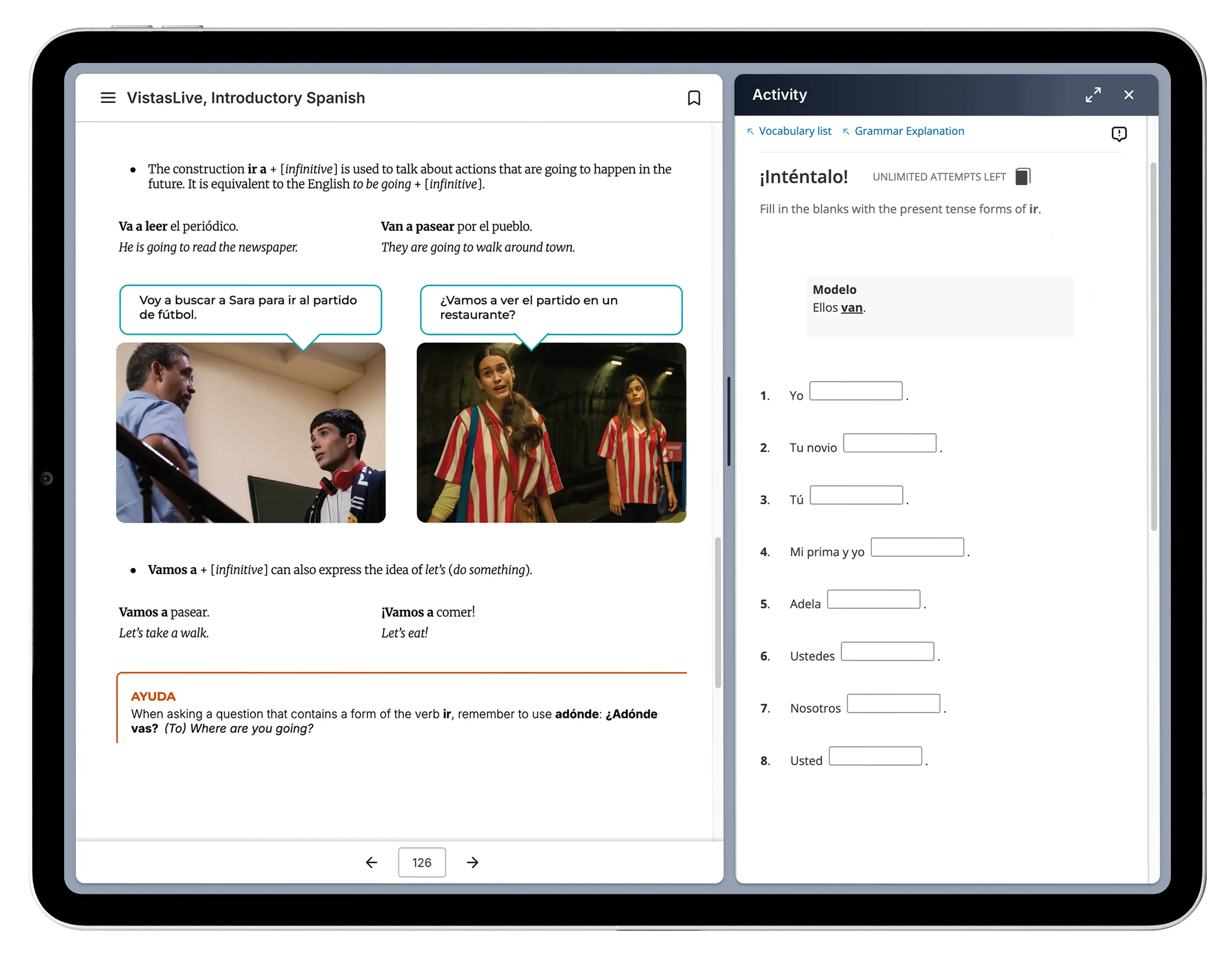 vText platform showing side-by-side activity panel next to reading content