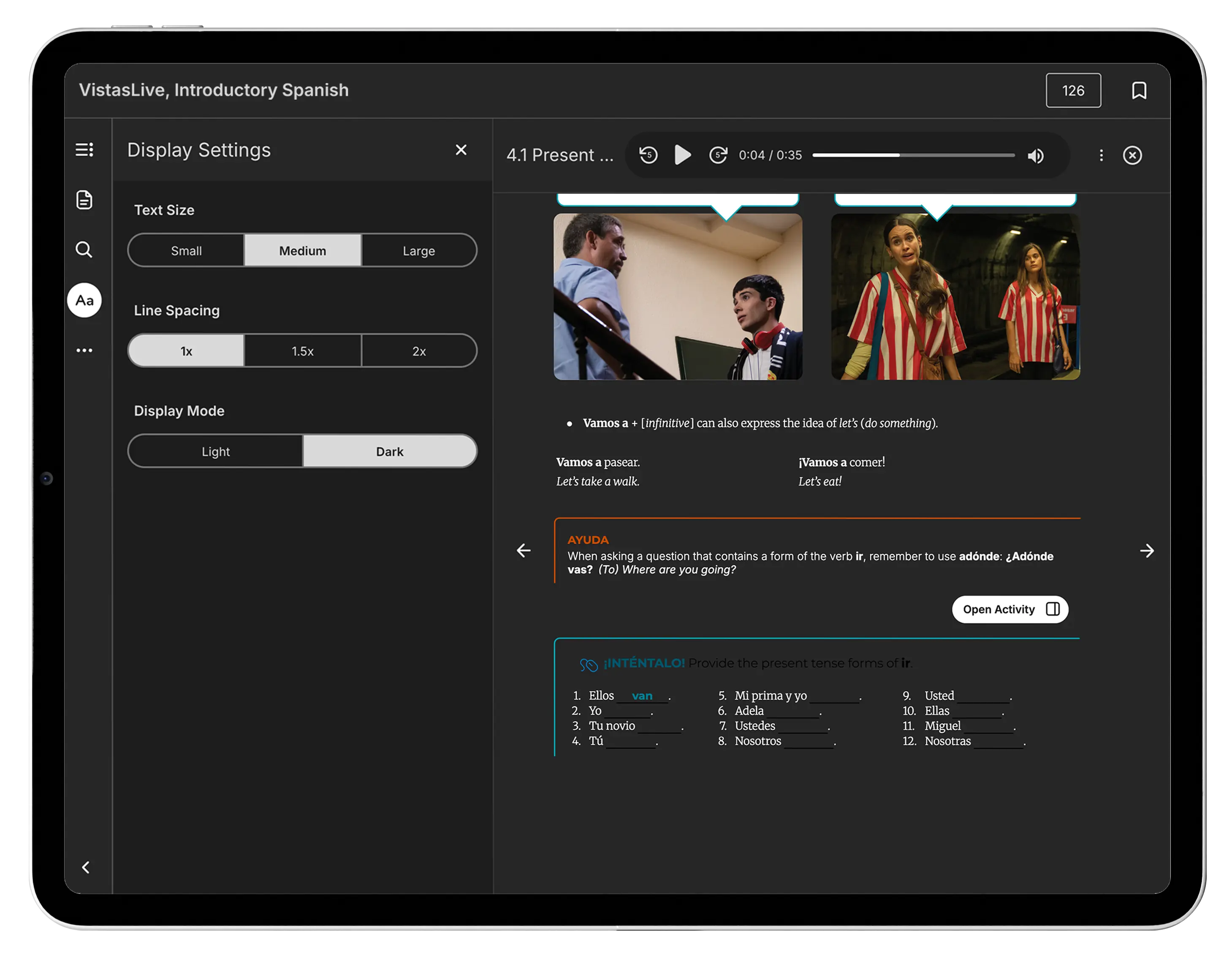 vText application display settings menu showing dark mode toggle selection