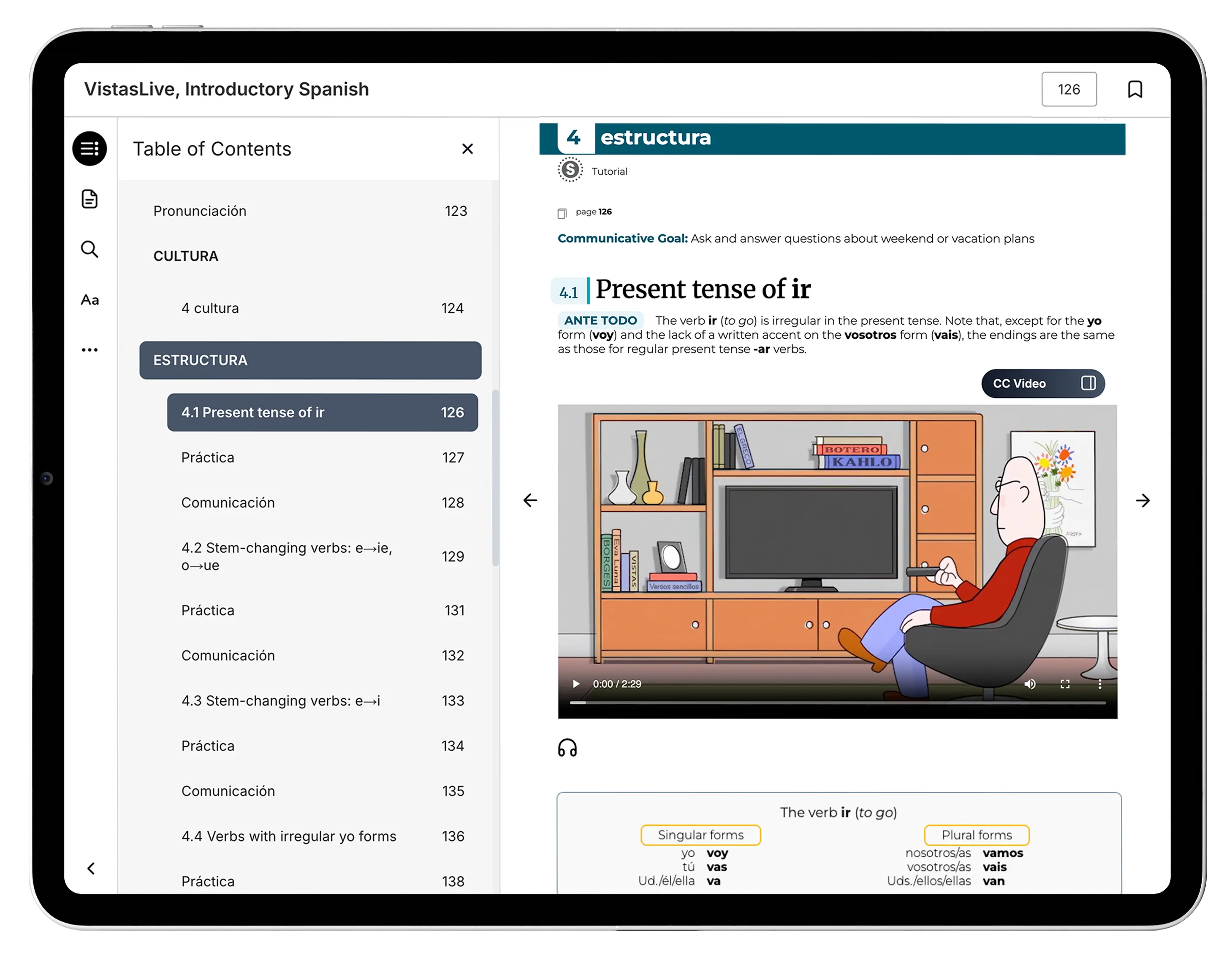 vText student view interface with an embedded interactive video player